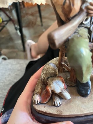 Escultura vintage artesanal cazador y perro