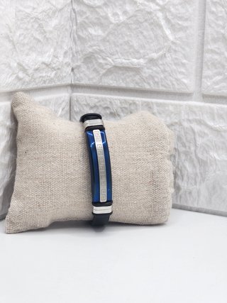 Pulsera Acero y Cuero Azul y Plata