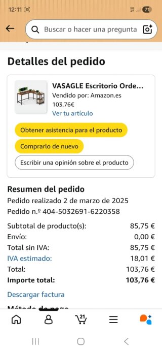 Escritorio esquinero caoba VASAGLE