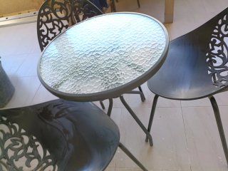 Mesa y 3 Sillas Terraza Cristal Metal