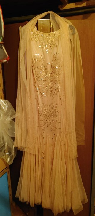 Vestido de fiesta beige y dorado