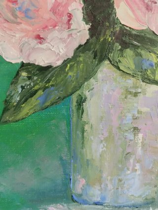 Óleo de flores rosadas y verdes