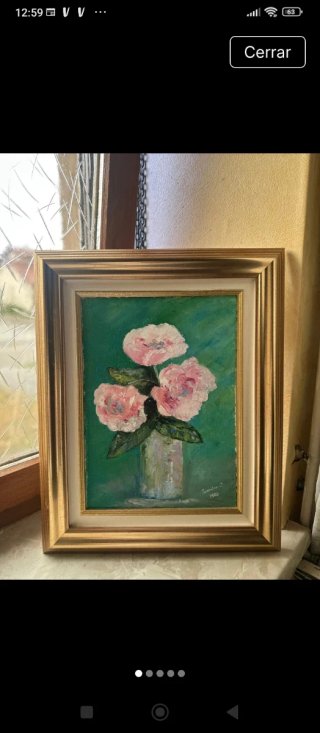 Óleo de flores rosadas y verdes