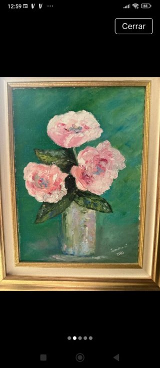 Óleo de flores rosadas y verdes