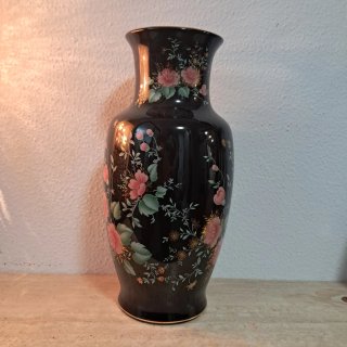 Jarrón porcelana negro flores doradas