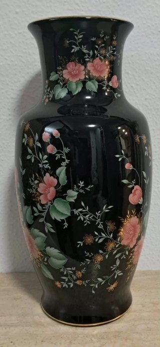 Jarrón porcelana negro flores doradas