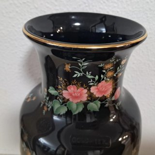 Jarrón porcelana negro flores doradas