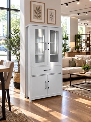 Vitrina blanca con puertas y cajón