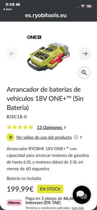 Arrancador Coche Ryobi 18V ONE+
