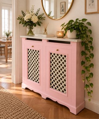 Cubreradiador rosa mármol y madera