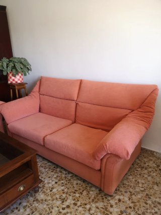 Sofas 3 y 2 plazas chenilla color rosa naranja