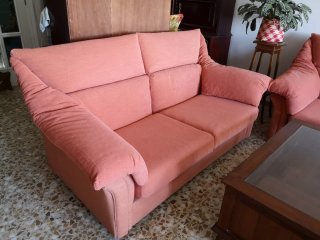 Sofas 3 y 2 plazas chenilla color rosa naranja