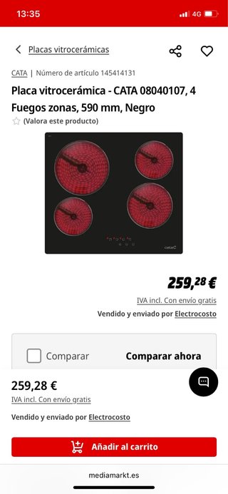 Placa vitrocerámica CATA 4 fuegos ¡SIN ESTRENAR !
