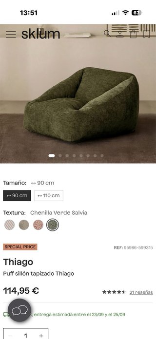 Puff Sillón Sklum Thiago 90cm Verde