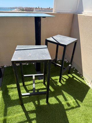 Mesa y 2 Taburetes Hierro y Cristal
