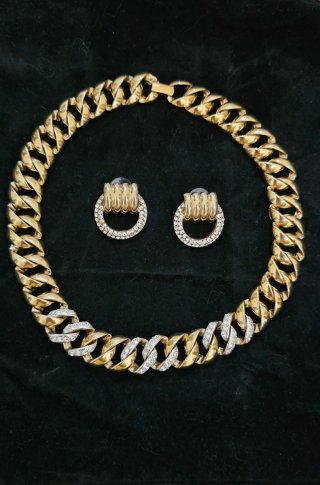 Orecchini +Collana Groumette Dorata/Strass Anni 80