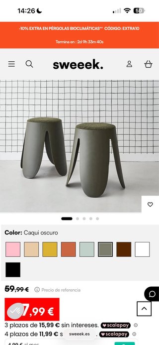 Banqueta apilable color verde olivo, las 2 x 30€