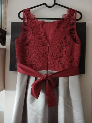 Vestido largo fiesta beige y rojo T S