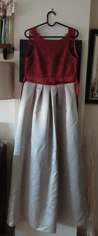Vestido largo fiesta beige y rojo T S