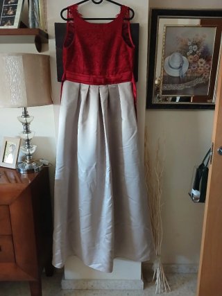 Vestido largo fiesta beige y rojo T S