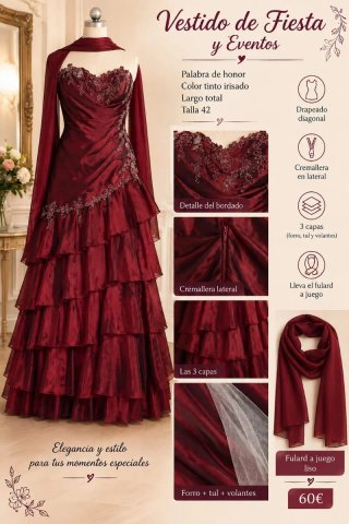 Vestido de fiesta tinto irisado talla 42