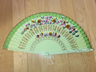 Abanico madera verde pintado mano 2 caras - LOTE 8