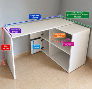 Escritorio blanco con cajones y almacenaje