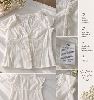 Blusa blanca con encaje y botones perlados