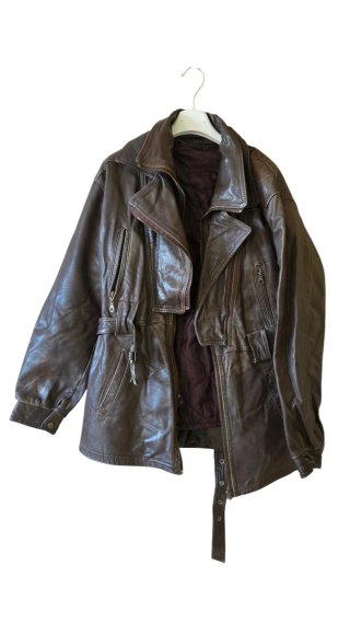 Giacca pelle vintage biker marrone con cintura