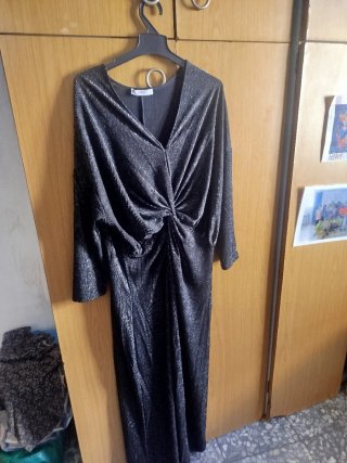 Vestido Mango Negro Plateado Largo