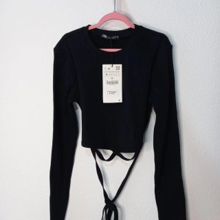Top Zara Negro Manga Larga con lazo cintura