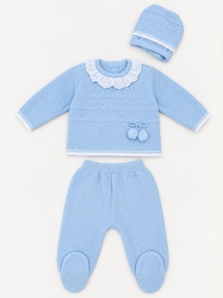 Conjunto lana bebé azul con gorrito