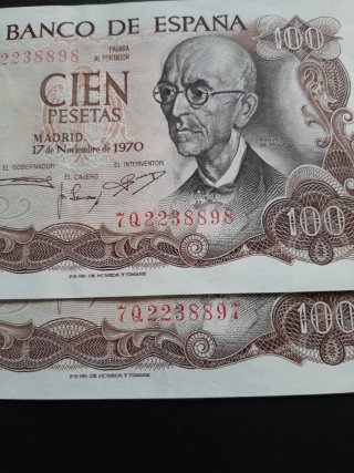 BILLETES DE 100 PESETAS DE 1970 PAREJA CORRELATIVA