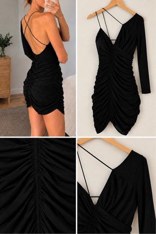 Vestido Zara Negro Asimétrico Fruncido Talla XS