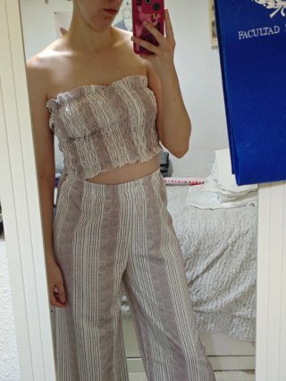 Conjunto dos piezas rayas beige y morado