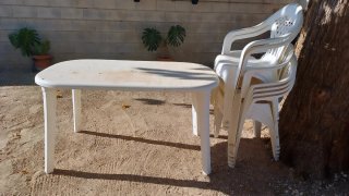 Mesa y 7 Sillas Exterior Plástico Blanco