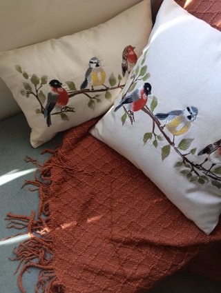 Cojines bordados con pájaros y manta de sofá