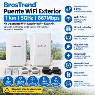 Puente WiFi BrosTrend Exterior 1km 5GHz 867Mbps