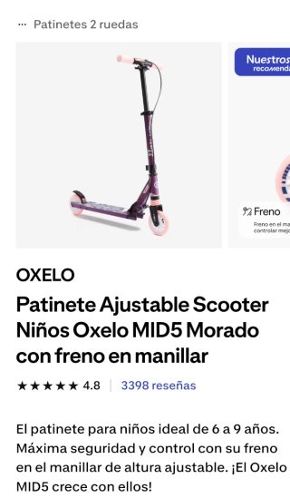 Patinete scooter Oxelo morado 6-9 años con freno