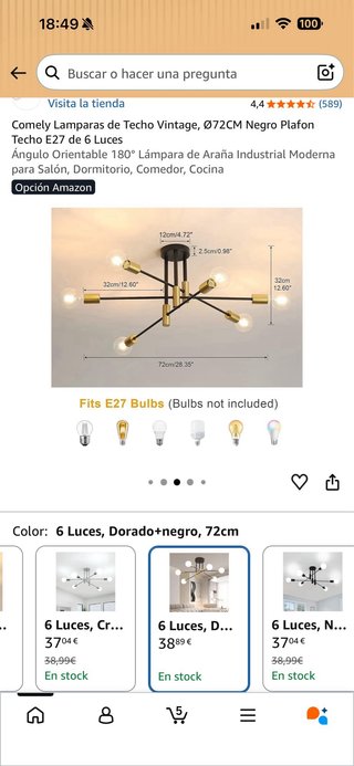 Lámpara araña moderna negra y dorada