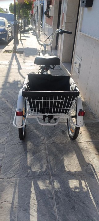 Bicicleta de tres ruedas blanca con cesta