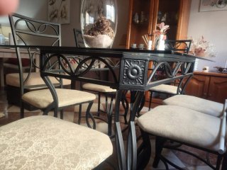Mesa cristal y hierro forjado + 6 sillas