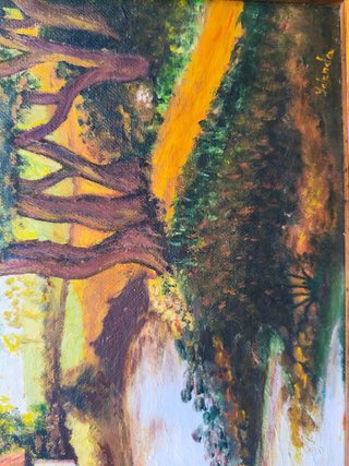 Pintura de paisaje rural con casa