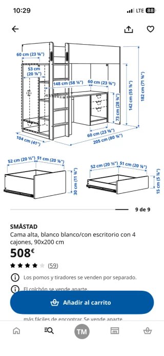 Cama alta con escritorio y estantería