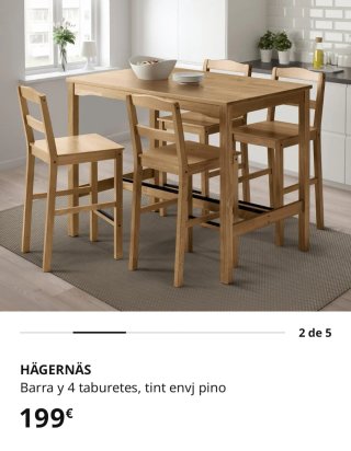 Mesa alta y 4 taburetes pino