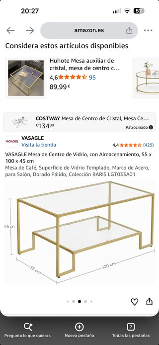 Mesa Centro Cristal y Metal Dorado