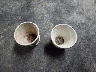 2 Tiestos macetas de piedra blancos y sus platos