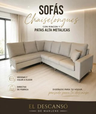 Sofá Cheslong con rincón y patas altas