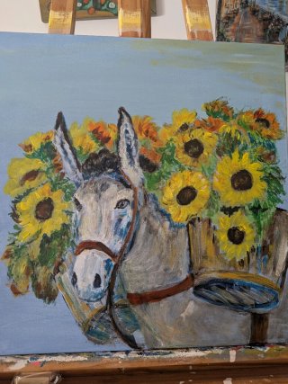 Lienzo Impresionista Burro y Girasoles