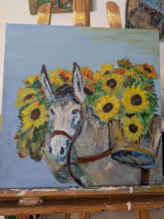 Lienzo Impresionista Burro y Girasoles